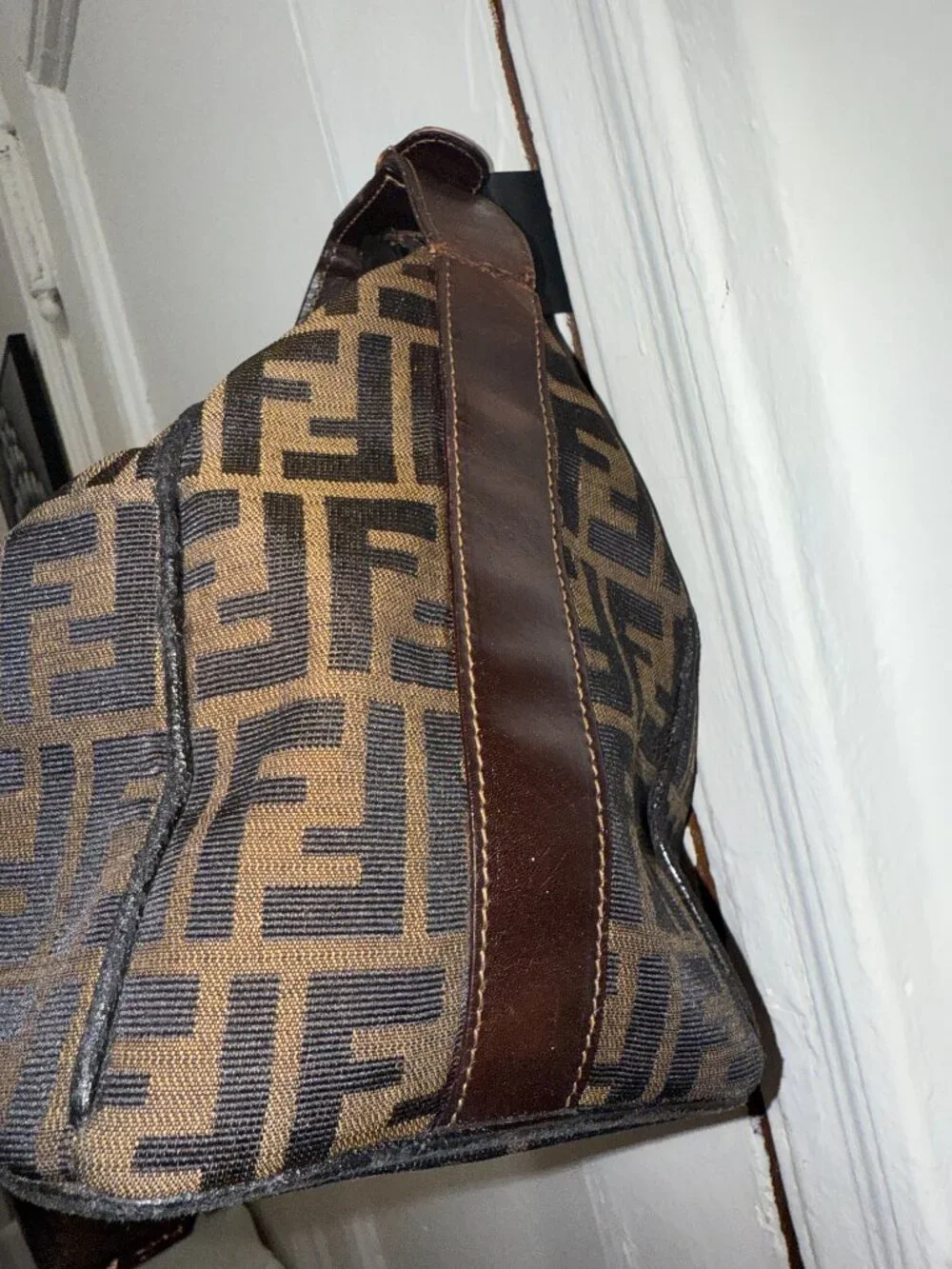 Authentic FENDI Zucca Canvas Top Handle Arm Vanity Bag Black Brown